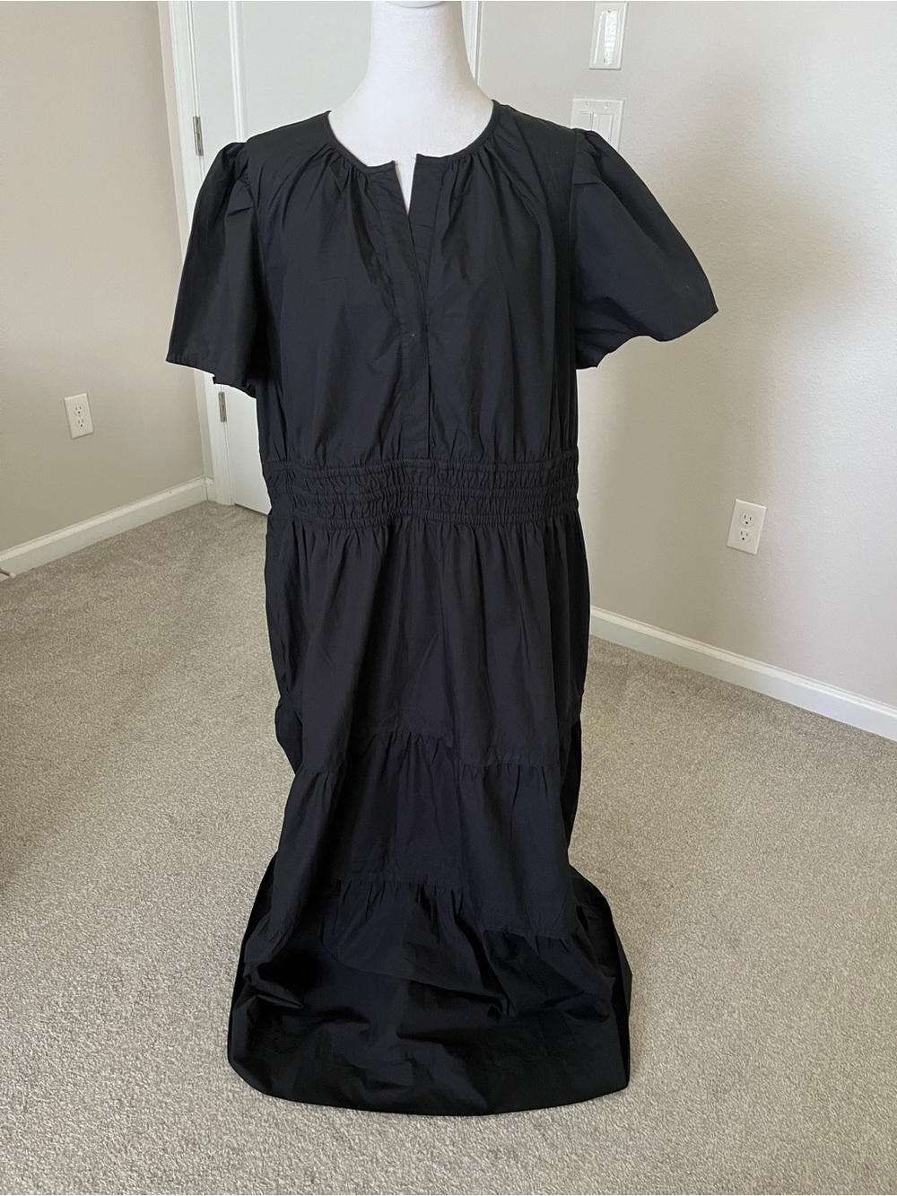 NWT Quince 100% Organic Cotton Black Short Sleeve Tiered Maxi Dress Size 1X